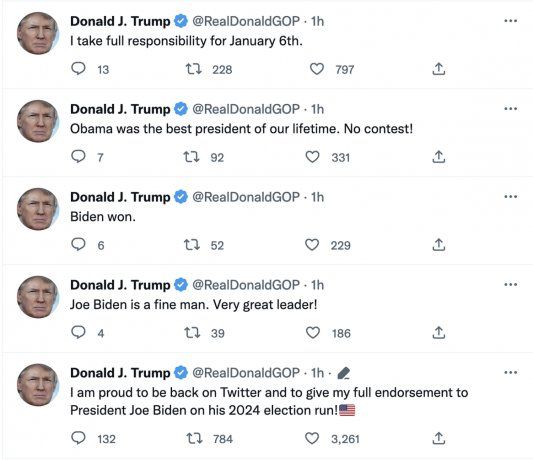 Tweets from a fake but verified (paid) account of Donald Trump.