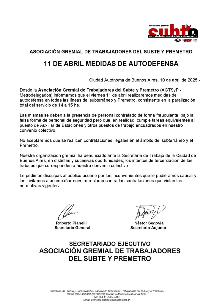 El comunicado de los trabajadores del subte en referencia al paro. El comunicado de los trabajadores del subte en referencia al paro.