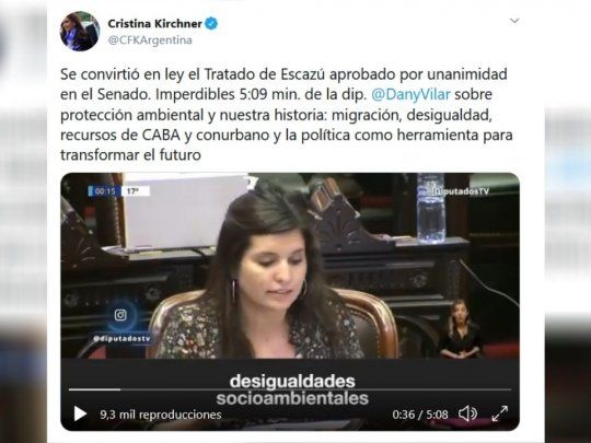 Cristina Fernández de Kirchner publicó parte del discurso de una diputada oficialista&nbsp;