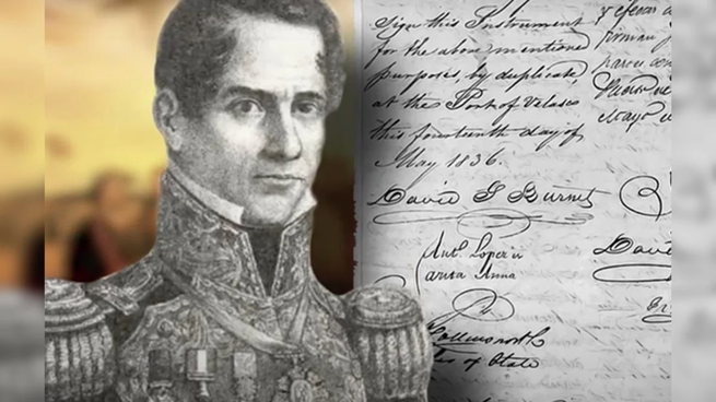 Santa Anna y David Burnet firman el Tratado de Velasco para el reconocimiento de la independencia de Texas en 1836.
