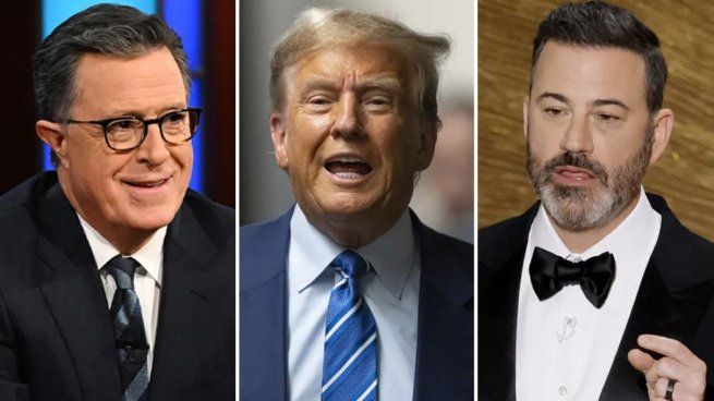Stephen Colbert, Donald Trump y Jimmy Kimmel.