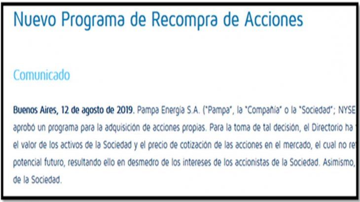 Pampa Energía, 12 de agosto de 2019.