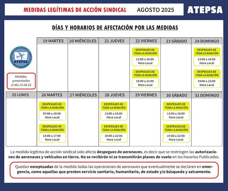 La medida se desarrolla en dos franjas horarias: de 13 a 16 y de 19 a 22, sin autorización de despegues ni recepción de planes de vuelo. La medida se desarrolla en dos franjas horarias: de 13 a 16 y de 19 a 22, sin autorización de despegues ni recepción de planes de vuelo.