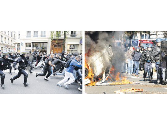 Choques entre policías y manifestantes en Lyon (izquierda) y actos graves de vandalismo en Nanterre, en las afueras de París (derecha), postales de la convulsionada Francia de ayer. La pulseada política por la reforma previsional llega a su punto culminante.