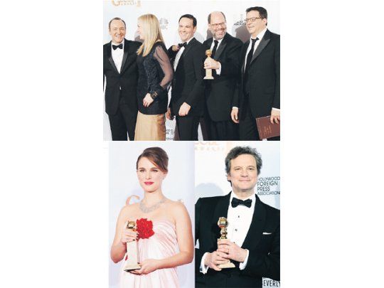 Arriba, el equipo victorioso de «Red social». Debajo, Natalie Portman y Colin Firth, ganadores de interpretación en «El cisne negro» y «The King’s Speech» respectivamente, únicos Globos que recibieron estos films pese a los pronósticos.