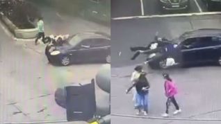 Momento del impacto: el auto embistió a tres mujeres que cruzaban la avenida Hipólito Yrigoyen en Lanús.