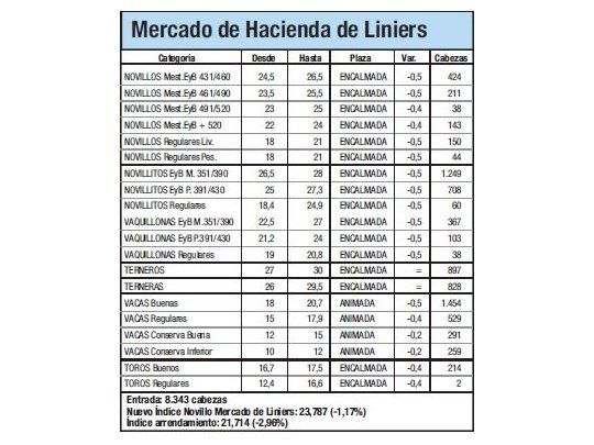Índice Novillo bajó un 1,2% en Liniers