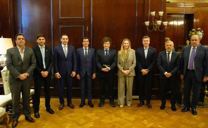 Javier y Karina Milei con los gobernadores radicales en un encuentro en Casa Rosada.