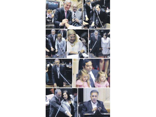Julián Domínguez, acompañado por José María Díaz Bancalari, recibió el apoyo de los bloques como presidente de la Cámara. Sergio Massa juró junto a sus dos hijos. Julio Cobos soportó silbatinas. Hermes Binner, con Alicia Ciciliani, vuelve al recinto después tras 2007-2011. Elisa Carrió se divirtió junto a la peronista Sandra Mendoza. El exgobernador cordobés Juan Schiaretti llegó al Congreso con su provincia convulsionada. El macrista Jorge Triaca con sus hijas. El trotskismo con Néstor Pitrola.