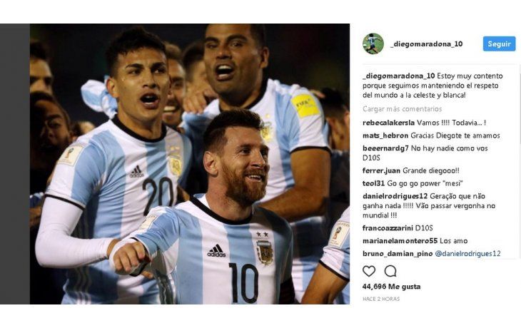 Con una foto de Messi, Maradona también festejó en las redes el triunfo en Ecuador