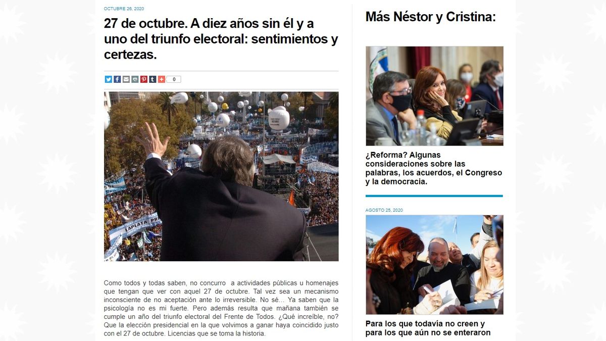27 de octubre: la carta de Cristina por el aniversario de la muerte de ...