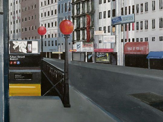 Rómulo Macció. La estación del subte Fulton Street: una visión que no es realista ni hiperrealista sino mental, conceptual.