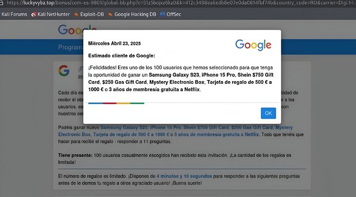 Una de las páginas falsas de Google que promovía supuestas tarjetas de regalo que, en realidad, eran una estafa. Una de las páginas falsas de Google que promovía supuestas tarjetas de regalo que, en realidad, eran una estafa.
