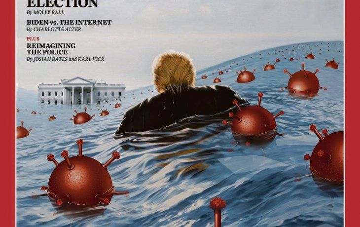 INUNDACIÓN. En su último ejemplar, la revista Time retrató al presidente Donald Trump nadando en un mar de covid-19 ya lejos de la Casa Blanca.&nbsp;