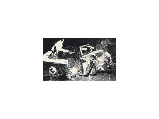 Una imagen (ampliada) de las que componen “Silver Car Crash”, transgresora obra de Warhol por la que Sotheby’s espera recaudar u$s 60 millones.