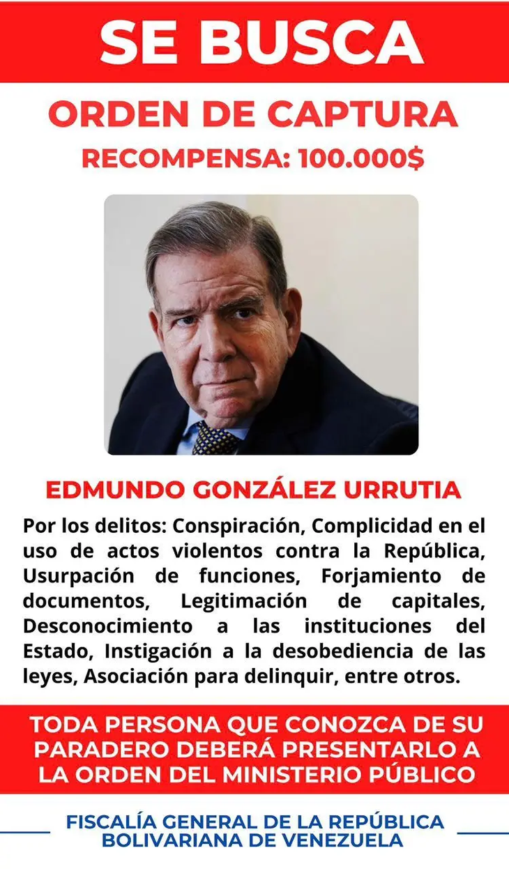 El pedido de captura publicado por el régimen de Maduro.