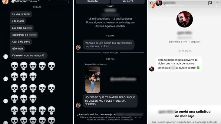 A través de historias en Instagram, Páez compartió capturas de mensajes con insultos xenófobos, agravios sexuales y advertencias de muerte, muchos de ellos escritos en portugués.