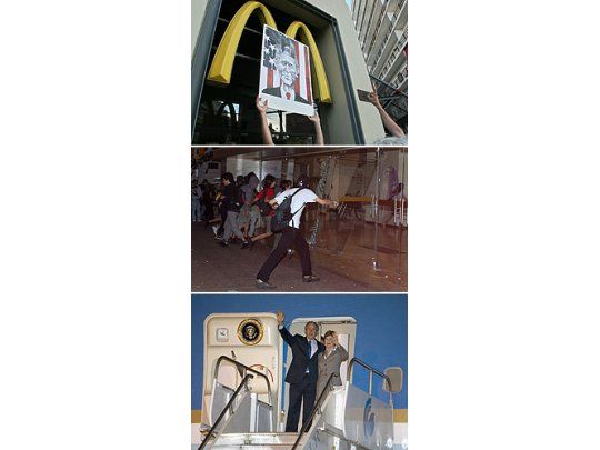 Los disturbios fueron en un local de comidas rápidas en la capital de Uruguay (arriba). La llegada a Montevideo de George W. y Laura Bush (abajo).