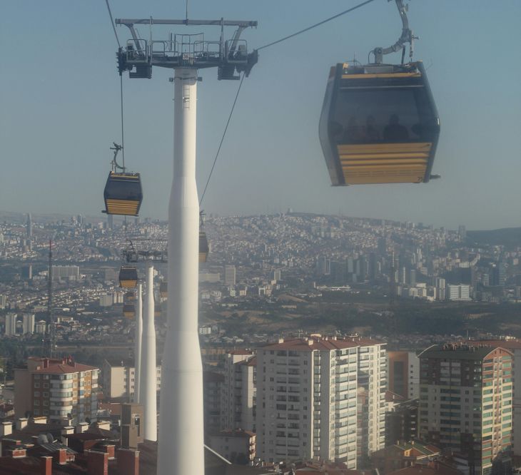Sistema de teleférico urbano en Ankara, con trazas sobre áreas residenciales densas y solución de movilidad en ciudades con topografía compleja