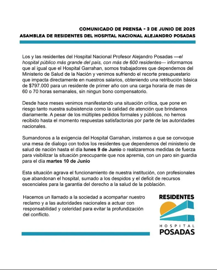 Los residentes del Hospital Posadas pidieron al Gobierno que se convoque a una mesa de diálogo. Los residentes del Hospital Posadas pidieron al Gobierno que se convoque a una mesa de diálogo.