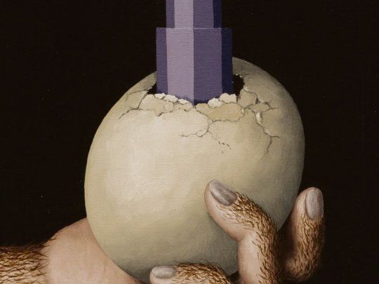 Gómez Canle. Mano, huevo, torre (2016), óleo sobre tela.
