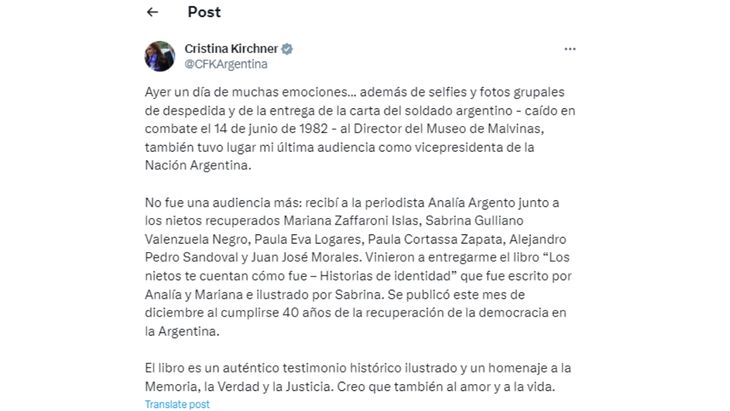 El mensaje de Cristina Kirchner en sus redes sociales. 