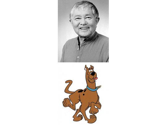 El dibujante Iwao Takamoto (arriba) y uno de sus célebres personajes: el perro Scooby Doo (abajo).