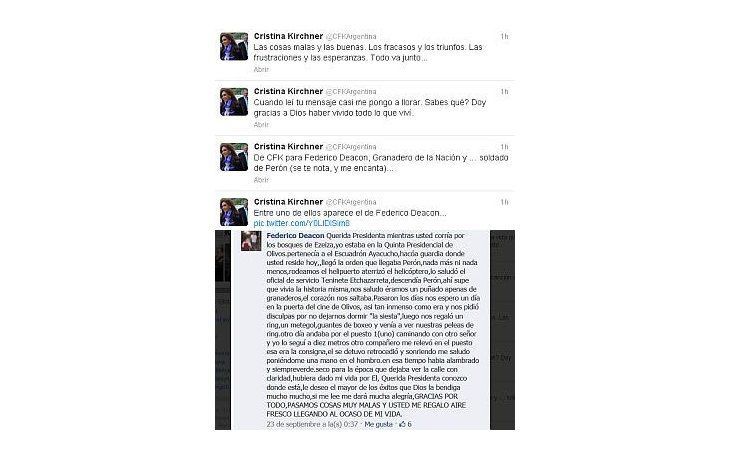 Los tuits de Cristina de Kirchner y el texto que le envió el exgendarme Federico Deacon por Facebook.