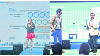 ámbito.com | INFORME. Luciana Pagani, de Boosteller, presentó los resultados del estudio “Competitividad Pyme: una oportunidad para el desarrollo”. OBJETIVOS. Sebastián Martínez (izq) y Juan Elías Pérez Bay, vice y presidente, respectivamente, de IDEA Pyme, en la aper