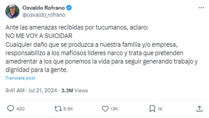 La publicación de Osvaldo Rofrano antes de su muerte. La publicación de Osvaldo Rofrano antes de su muerte.