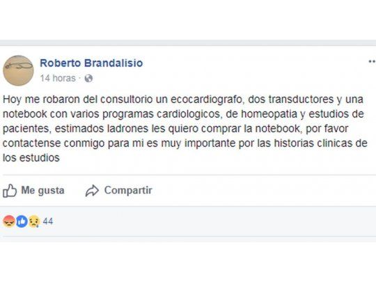 Captura de Facebook del posteo del médico asaltado
