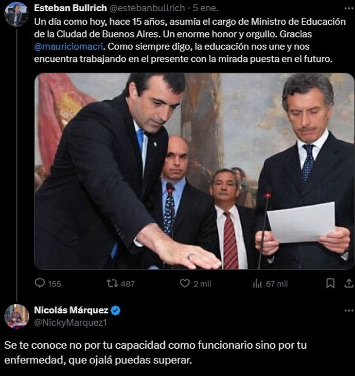 Nicolás Márquez, el biógrafo de Javier Milei, decidió responderle con una descalificación a la trayectoria de Bullrich