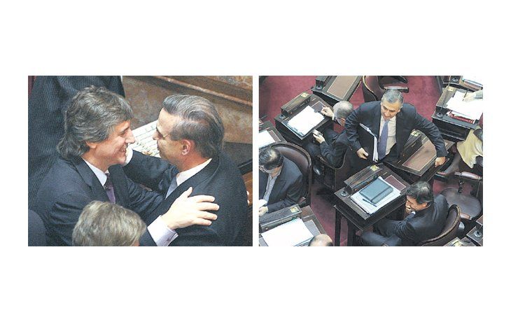 Amado Boudou se abraza con Miguel Pichetto al final de la sesión de ayer donde se aprobó la expropiación de ciccone. Las críticas más duras vinieron de radicales como Gerardo Morales o Luis Naidenoff.