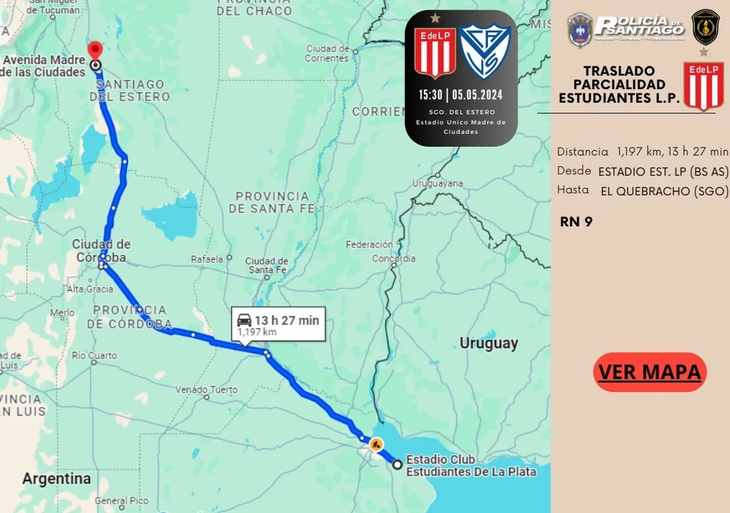 The people of Estrudiantes de la Plata must take National Route 9 to reach the Mother of Cities of Santiago del Estero. The people of Estrudiantes de la Plata must take National Route 9 to reach the Mother of Cities of Santiago del Estero.