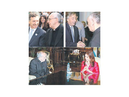 A la izquierda, el ahora papa con los esposos Duhalde. A la derecha, con Cristina de Kirchner. En las fotos de arriba, Bergoglio con Macri y con Néstor Kirchner