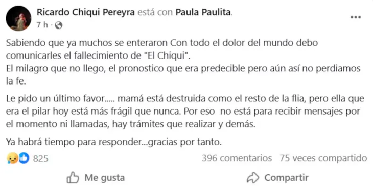 La noticia fue confirmada por su entorno m&aacute;s cercano a trav&eacute;s de un mensaje difundido en redes sociales.