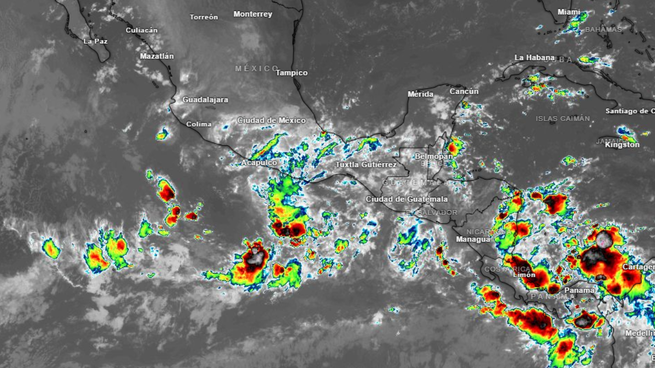 Radar infrarrojo sobre las zonas de baja presión en el Pacífico.