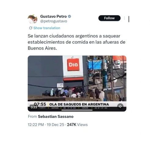El posteo de Petro está acompañado por un video que data de 2023 con el videograph: “Ola de saqueos en Argentina”. El posteo de Petro está acompañado por un video que data de 2023 con el videograph: “Ola de saqueos en Argentina”.