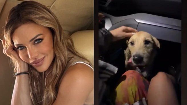 Evangelina Anderson junto al perro que encontraron en Punta del Este.