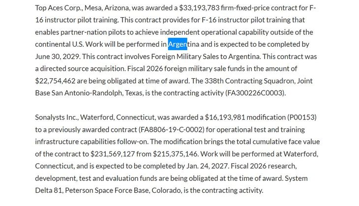 La adjudicación de Top Aces para formación de instructores de F-16 es parte de los contratos oficiales del Departamento de Guerra, con ejecución en Argentina y fondos comprometidos por u$s22,8 millones este año (web Departamento de Guerra de Estados Unidos). La adjudicación de Top Aces para formación de instructores de F-16 es parte de los contratos oficiales del Departamento de Guerra, con ejecución en Argentina y fondos comprometidos por u$s22,8 millones este año (web Departamento de Guerra de Estados Unidos).