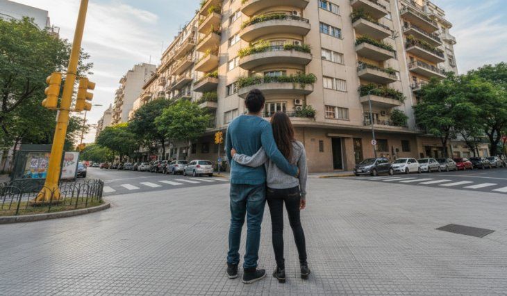 Una pareja mira la fachada de un edificio y sueña con el hogar propio. El horizonte 2026 está más cerca, que deparará el mercado inmobiliario el año próximo Una pareja mira la fachada de un edificio y sueña con el hogar propio. El horizonte 2026 está más cerca, que deparará el mercado inmobiliario el año próximo