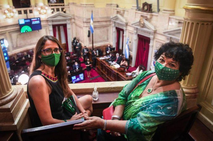 La ministra de las Mujeres, Géneros y Diversidad, Elizabeth Gómez Alcorta en el debate del proyecto de ley de Interrupción Voluntaria del Embarazo en el Senado de la Nación junto a Dora Barrancos.
