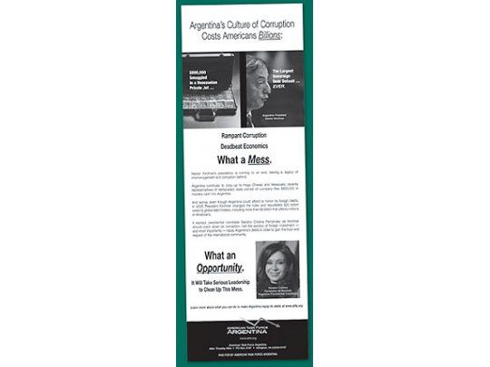 Holdouts received Argentine presidential couple with a paid-for announcement published in the newspaper The Wall Street Journal.