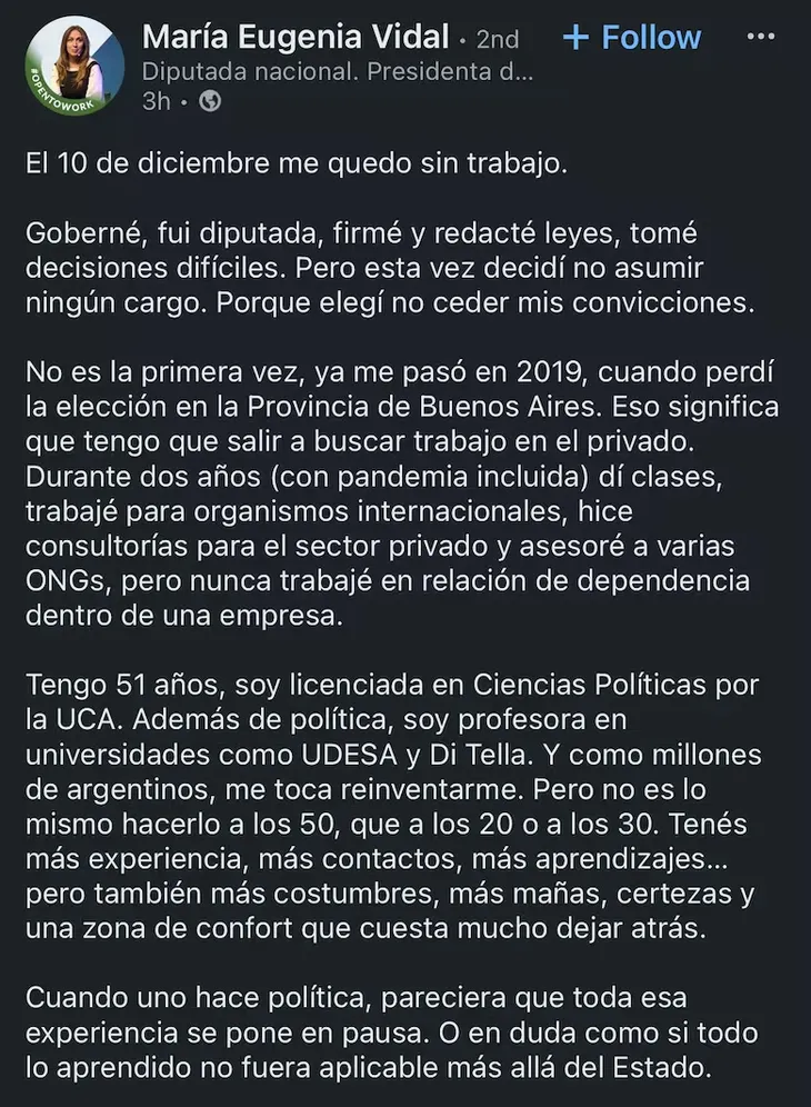 La publicación de María Eugenia Vidal en Linkedin. 