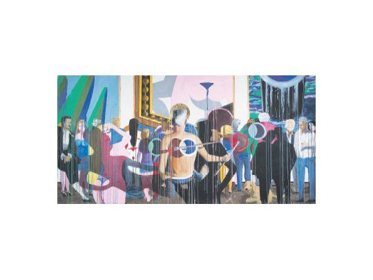 “Vernissage”, una de las enormes telas que junto con otras de diferentes tamaños muestran a Plate como un gran colorista, casi un desborde visual, y el énfasis puesto por su cuerpo ante el lienzo.