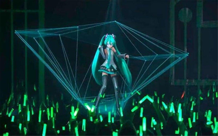 Hologram of Miku Hatsune live in concert formed by laser 