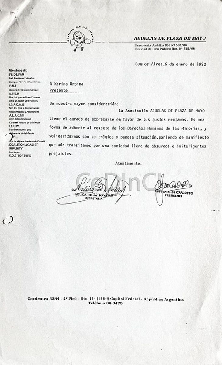 Letter from Grandmothers of Plaza de Mayo to Karina Urbina, 1992.