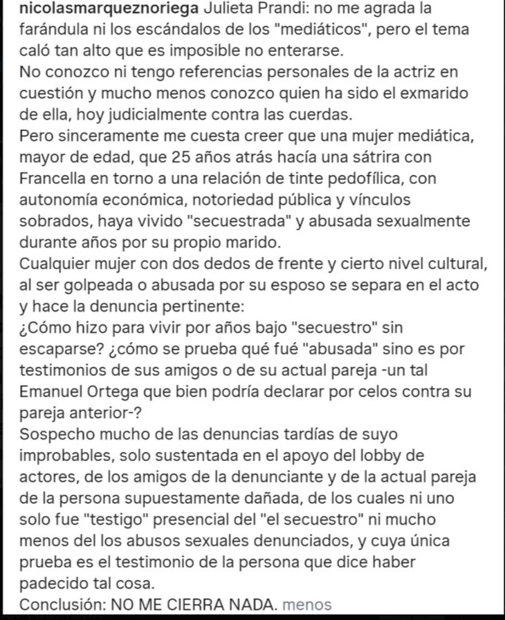 El descargo de Nicolás Márquez en las redes sociales. El descargo de Nicolás Márquez en las redes sociales.