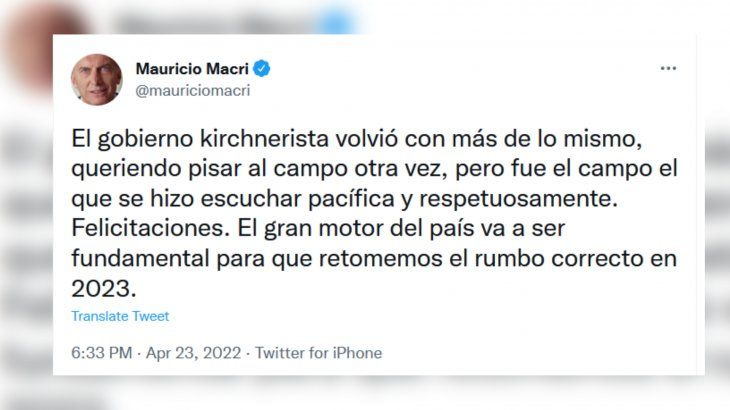 Mauricio Macri habló del tractorazo en su Twitter