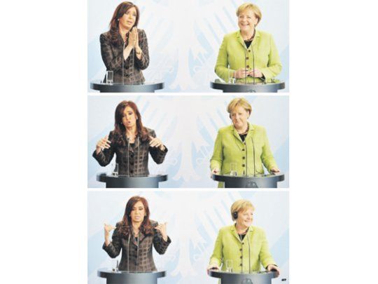 Cristina de Kirchner y Angela Merkel ayer en la conferencia de prensa que siguió a un tenso almuerzo en Berlín.